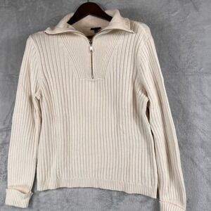 Talbots Womens L Ivory Cream 1/4 Zip Ribbed Sweater High Neck Cotton Blend